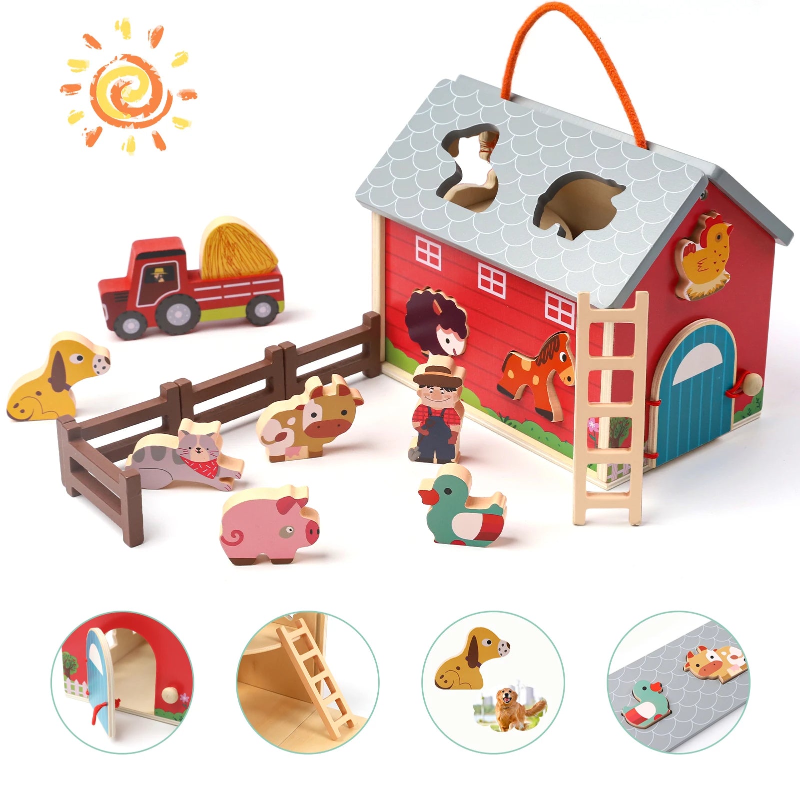 🚜 Wooden Farm Toys with Barn & Tractor