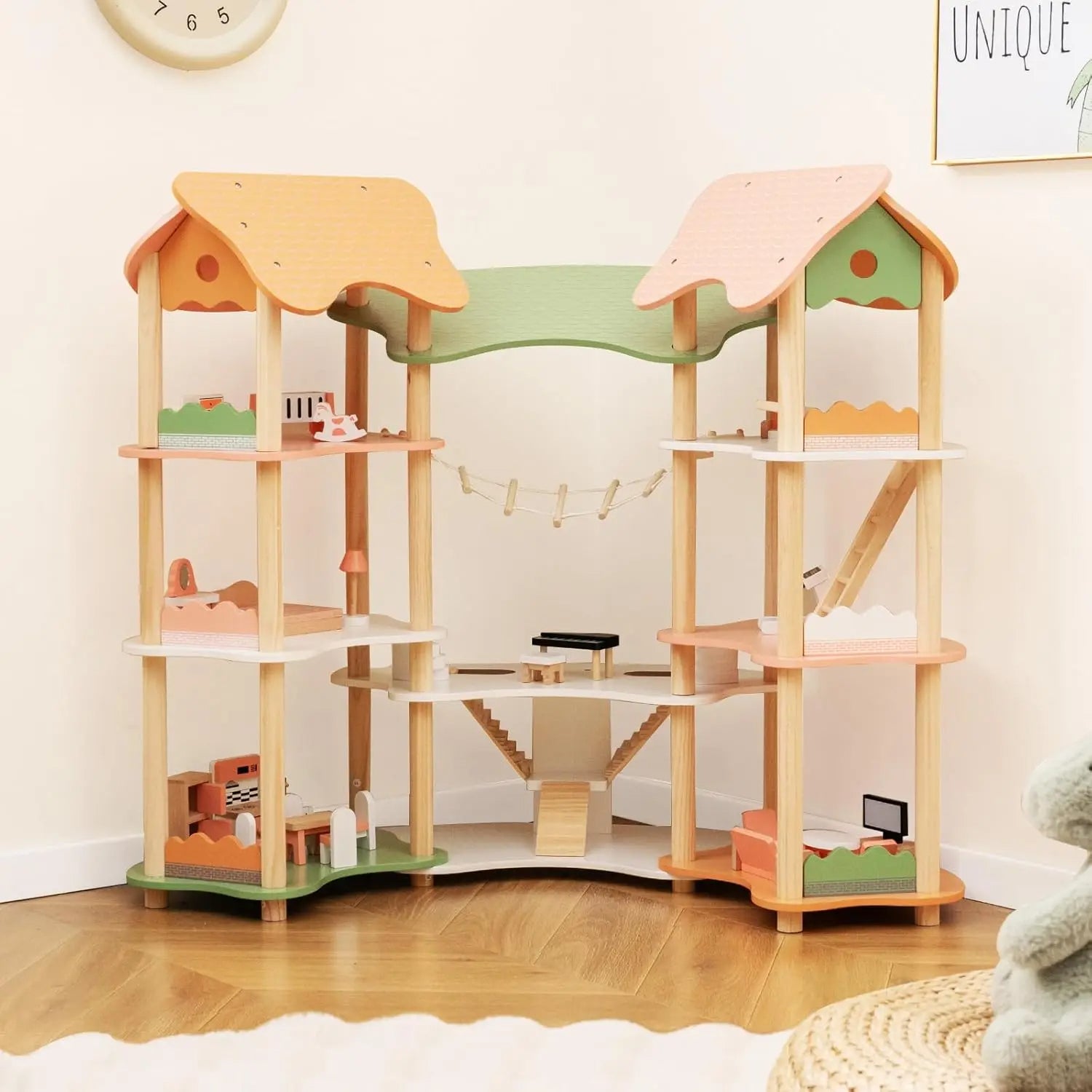 🏠 Wooden Dollhouse for Kids