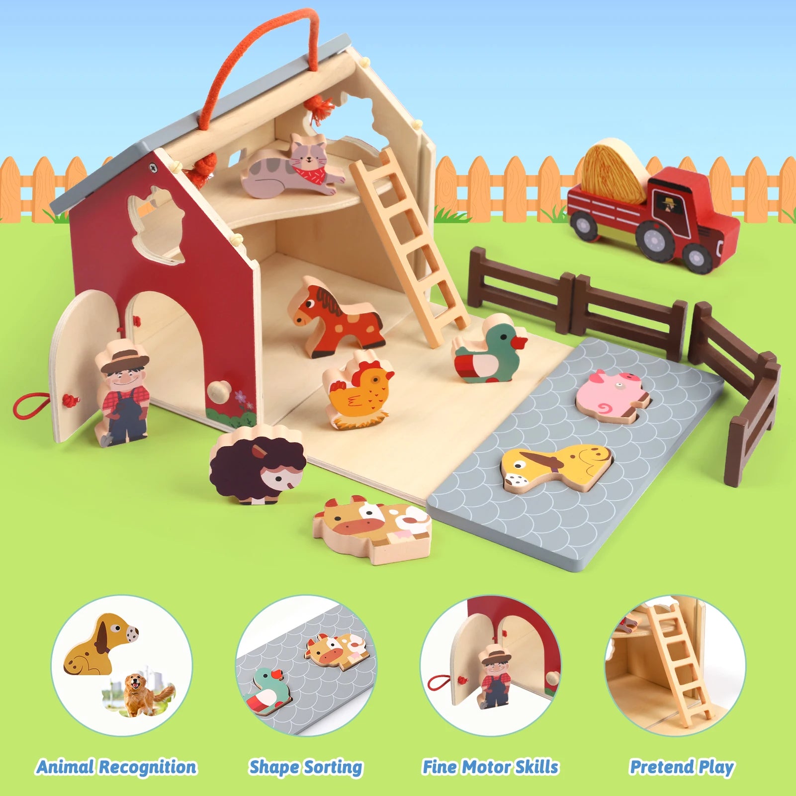 🚜 Wooden Farm Toys with Barn & Tractor