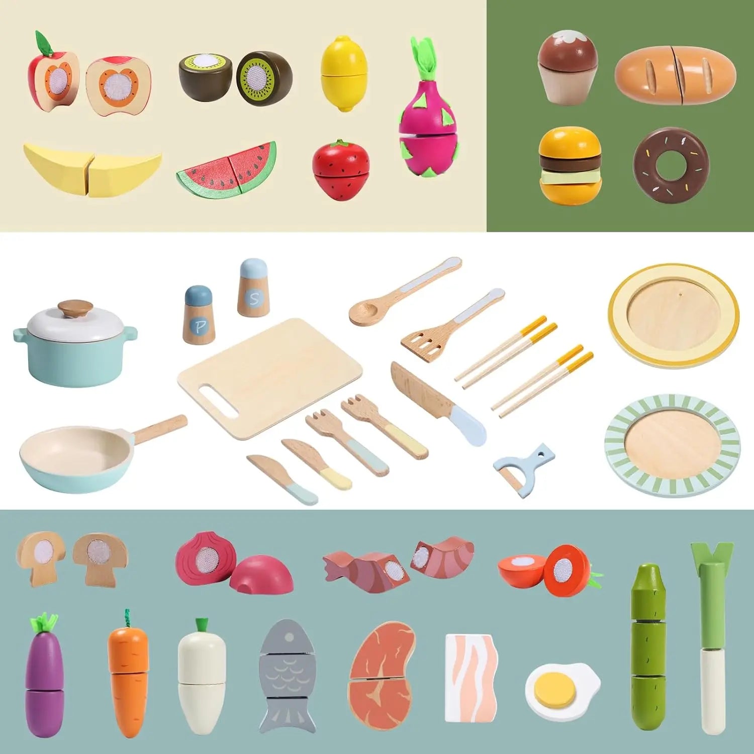 🍎 Wooden Play Food Set – 78PCS