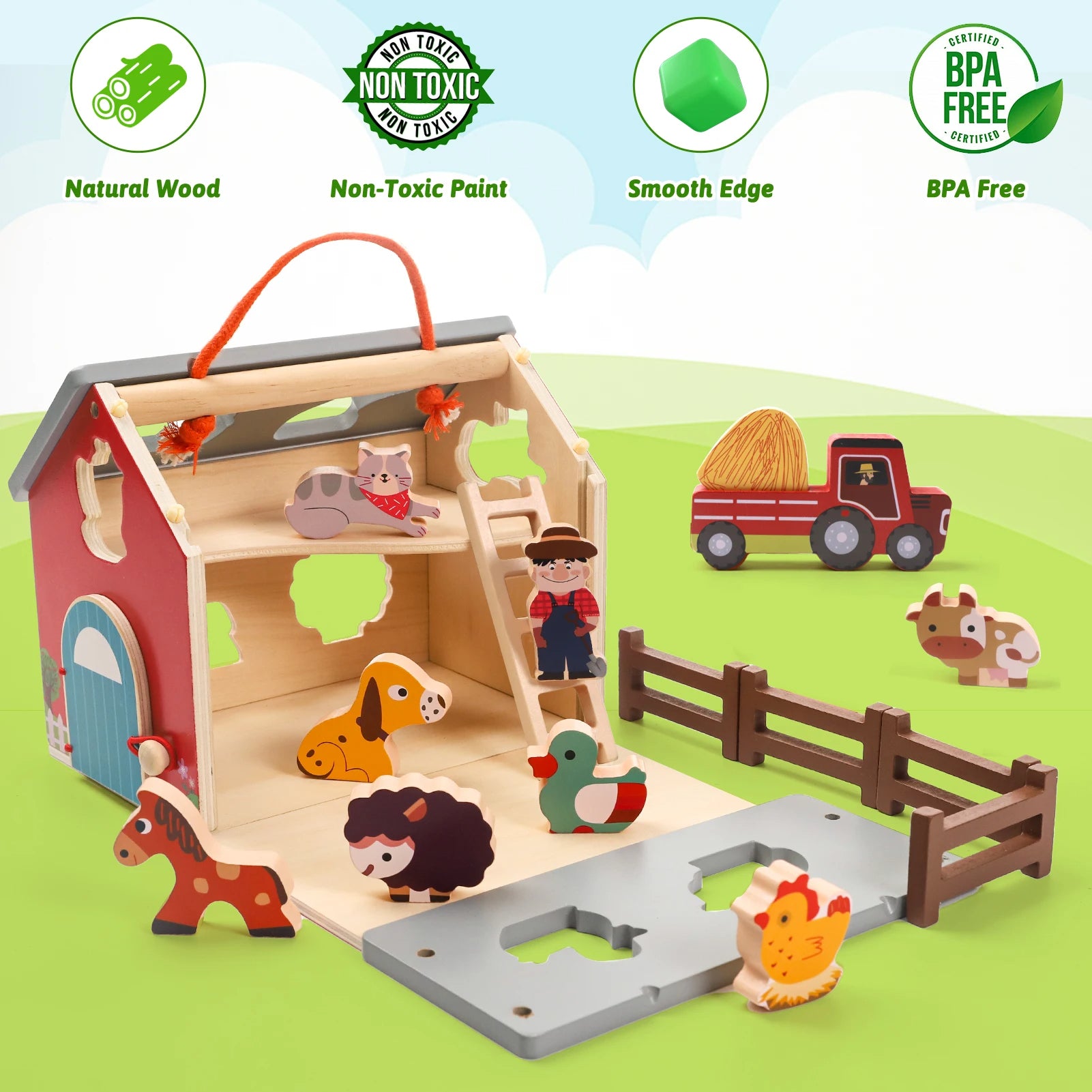 🚜 Wooden Farm Toys with Barn & Tractor